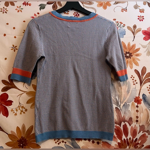 Numph Anthropologie Womens S/M Sweater Blue Pink Dotted Short Sleeve Cotton Wool - Picture 3 of 8